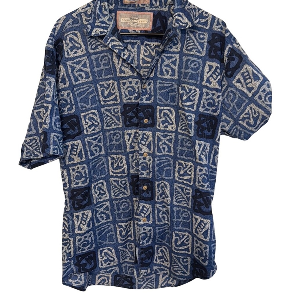 American Terrain Mens Blue Geometric Tribal Block Short‎ Sleeve Button Shirt